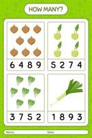 How many counting game with vegetables. worksheet for preschool kids, kids activity sheet, printable worksheet vector