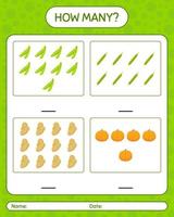 How many counting game with vegetables. worksheet for preschool kids, kids activity sheet, printable worksheet vector