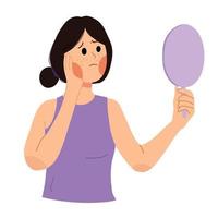 un retrato de una mujer joven preocupada por su ilustración de espejo de acné vector