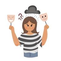 mujer con problemas de salud mental con sonrisa y cara feliz confunde ilustración triste vector