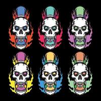 Collection set skull color with skateboard vector