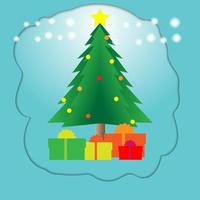 The Christmas tree is decorated with balls and colored gift boxes at the base. vector