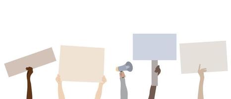 Hands with placards and bullhorn isolated on white background, flat vector
