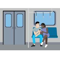 gente con teléfonos en las manos en el vagón del metro, chico y chica, vector plano, gente de diferentes nacionalidades