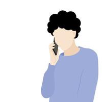 Portrait of a young girl with a phone in her hand, faceless vector illustration, isolated on a white background