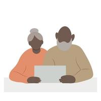 Portrait of an elderly dark-skinned couple with a tablet in their hands, faceless vector illustration, isolate on a white background