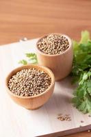 Coriander seeds in a wooden cup copy space photo