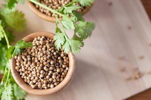 Coriander seeds in a wooden cup copy space photo