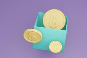 monedas flotando desde una caja sobre fondo morado. gasto presupuestario, concepto de ahorro de dinero. ilustración de procesamiento 3d foto