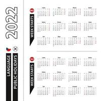 Two versions of 2022 calendar in Czech, week starts from Monday and week starts from Sunday. vector