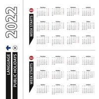 Two versions of 2022 calendar in Finnish, week starts from Monday and week starts from Sunday. vector