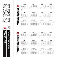 Two versions of 2022 calendar in Polish, week starts from Monday and week starts from Sunday. vector