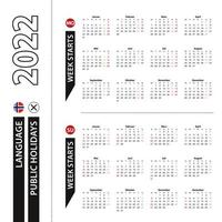 Two versions of 2022 calendar in Norwegian, week starts from Monday and week starts from Sunday. vector