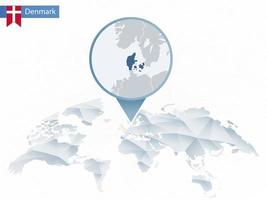 Abstract rounded World Map with pinned detailed Denmark map. vector
