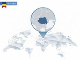 mapa del mundo redondeado abstracto con mapa de rumania detallado anclado. vector