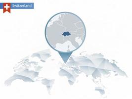 mapa del mundo redondeado abstracto con mapa de suiza detallado anclado. vector