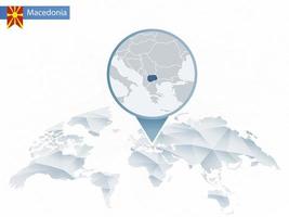 mapa del mundo redondeado abstracto con mapa de macedonia detallado anclado. vector