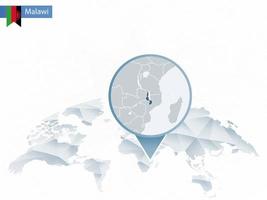 mapa del mundo redondeado abstracto con mapa de malawi detallado anclado. vector