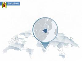 mapa del mundo redondeado abstracto con mapa de zimbabwe detallado fijado. vector