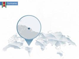 mapa del mundo redondeado abstracto con mapa de surinam detallado anclado. vector