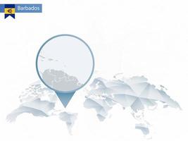 mapa del mundo redondeado abstracto con mapa de barbados detallado anclado. vector