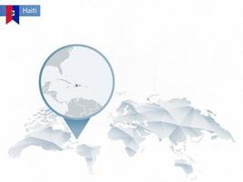 mapa del mundo redondeado abstracto con mapa de haití detallado anclado. vector