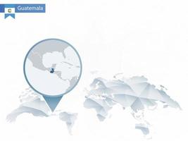 mapa del mundo redondeado abstracto con mapa de guatemala detallado anclado. vector