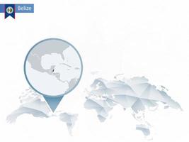 mapa del mundo redondeado abstracto con mapa de belice detallado anclado. vector