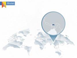 mapa del mundo redondeado abstracto con un mapa detallado de Bután anclado. vector