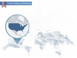 Abstract rounded World Map with pinned detailed USA map. vector