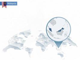 mapa del mundo redondeado abstracto con un mapa detallado de malasia anclado. vector
