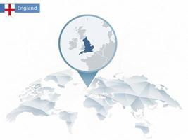 Abstract rounded World Map with pinned detailed England map. vector