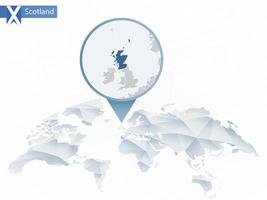 Abstract rounded World Map with pinned detailed Scotland map. vector