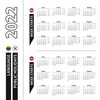 Two versions of 2022 calendar in Lithuanian, week starts from Monday and week starts from Sunday. vector