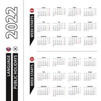 Two versions of 2022 calendar in Slovak, week starts from Monday and week starts from Sunday. vector