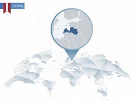 Abstract rounded World Map with pinned detailed Latvia map. vector