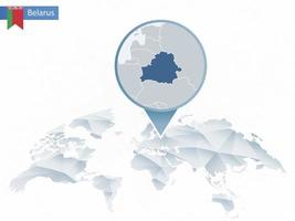 mapa del mundo redondeado abstracto con mapa de bielorrusia detallado anclado. vector