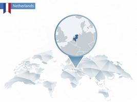 Abstract rounded World Map with pinned detailed Netherlands map. vector