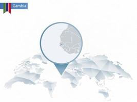 Abstract rounded World Map with pinned detailed Gambia map. vector