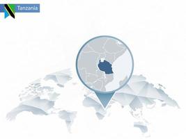 mapa del mundo redondeado abstracto con mapa de tanzania detallado anclado. vector