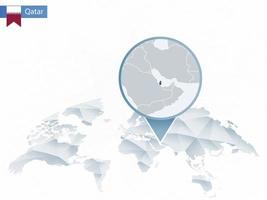 mapa del mundo redondeado abstracto con mapa de qatar detallado anclado. vector