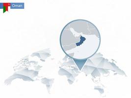 mapa del mundo redondeado abstracto con mapa de omán detallado anclado. vector