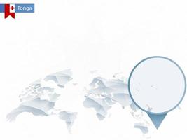 mapa del mundo redondeado abstracto con mapa de tonga detallado anclado. vector