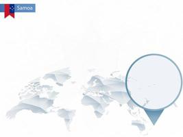 mapa del mundo redondeado abstracto con mapa de samoa detallado anclado. vector