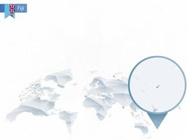 mapa del mundo redondeado abstracto con mapa fiji detallado anclado. vector