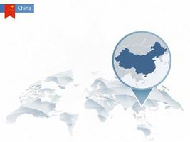 Abstract rounded World Map with pinned detailed China map. vector