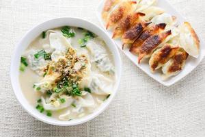 Wonton soup with spring onion served in a white bowl, selective focus photo