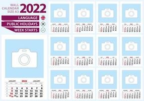 Wall calendar 2022 size A3, English language. Week start from Sunday. vector