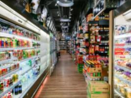 Blurred of product shelves in supermarket or grocery store, use as background photo