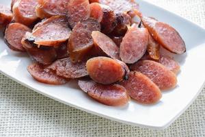Chinese sausage, is a generic term referring to the many different types of sausages origin in China. There are different kinds ranging from those made using fresh pork, pig livers and duck livers. photo